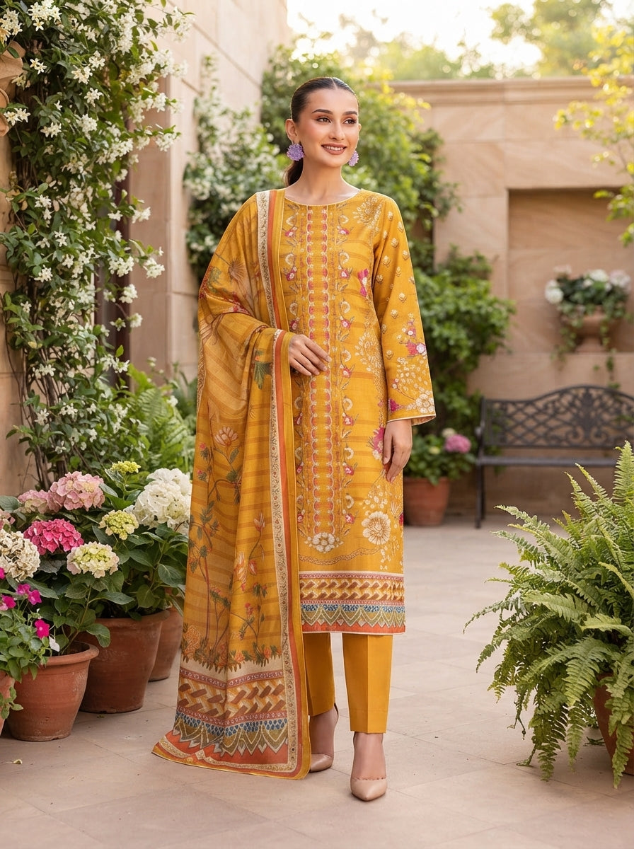 Bonanza Satrangi 3-Piece Unstitched Digital Linen Suit – Bright Amber & Tangerine Floral