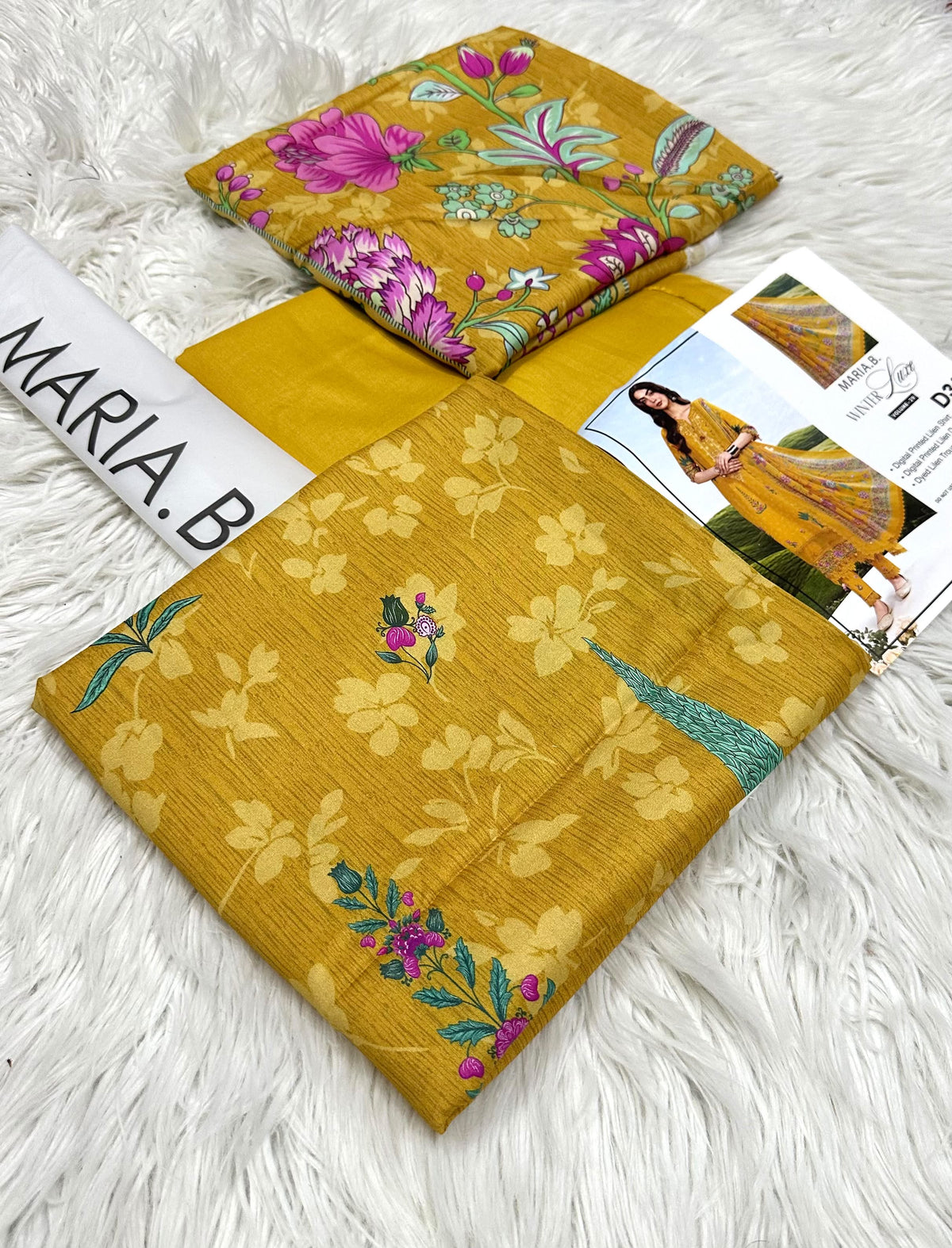 Maria.B Winter Lace D3A ā Mustard Yellow Digital Printed Linen 3 Piece