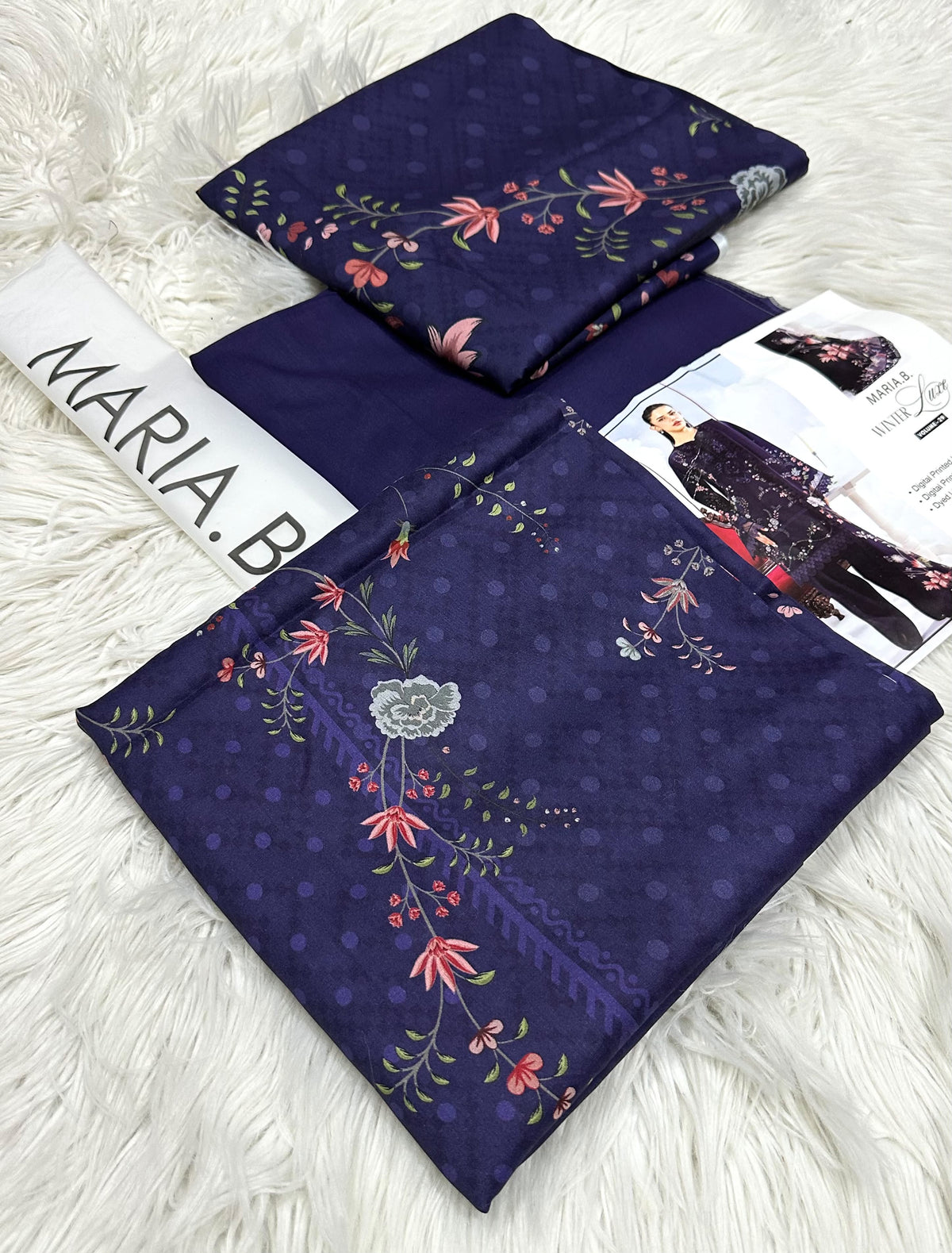 Maria.B Winter Lace D7B – Navy Blue Floral Digital Printed Linen 3 Piece