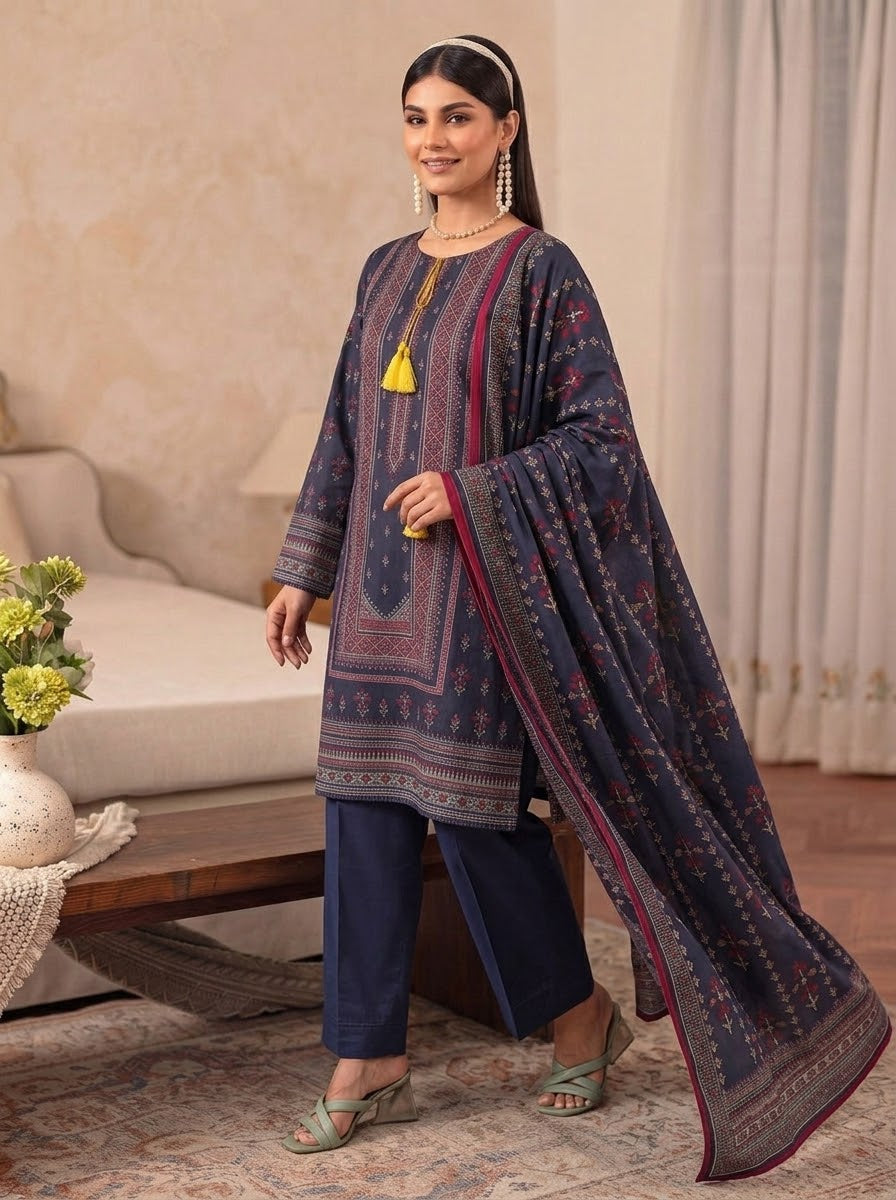 J. 3 Piece Unstitched Dhanak Suit β Digital Print Collection