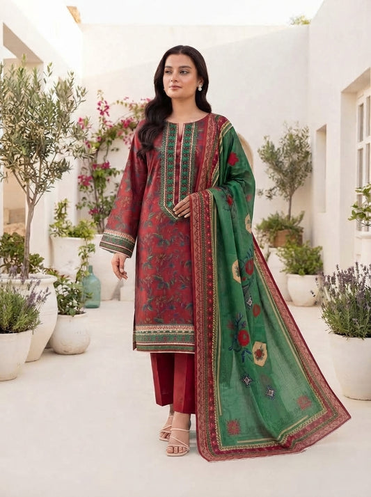 Bonanza Satrangi Unstitched 3-Piece Linen Dress – Crimson Red & Forest Green Ikat