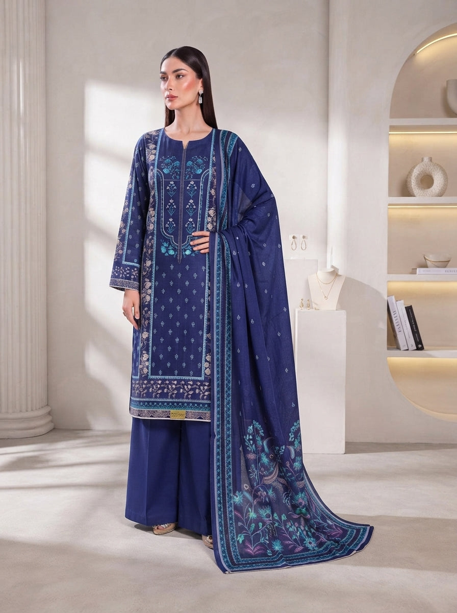 Bonanza Satrangi Unstitched 3-Piece Linen Suit – Turquoise Blue Geometric Chevron