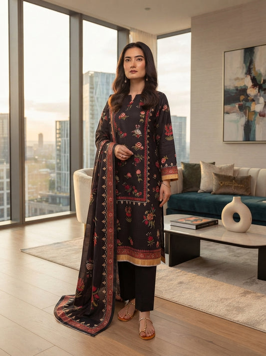 Bonanza Satrangi 3-Piece Unstitched Linen Suit – Midnight Black & Crimson Botanical