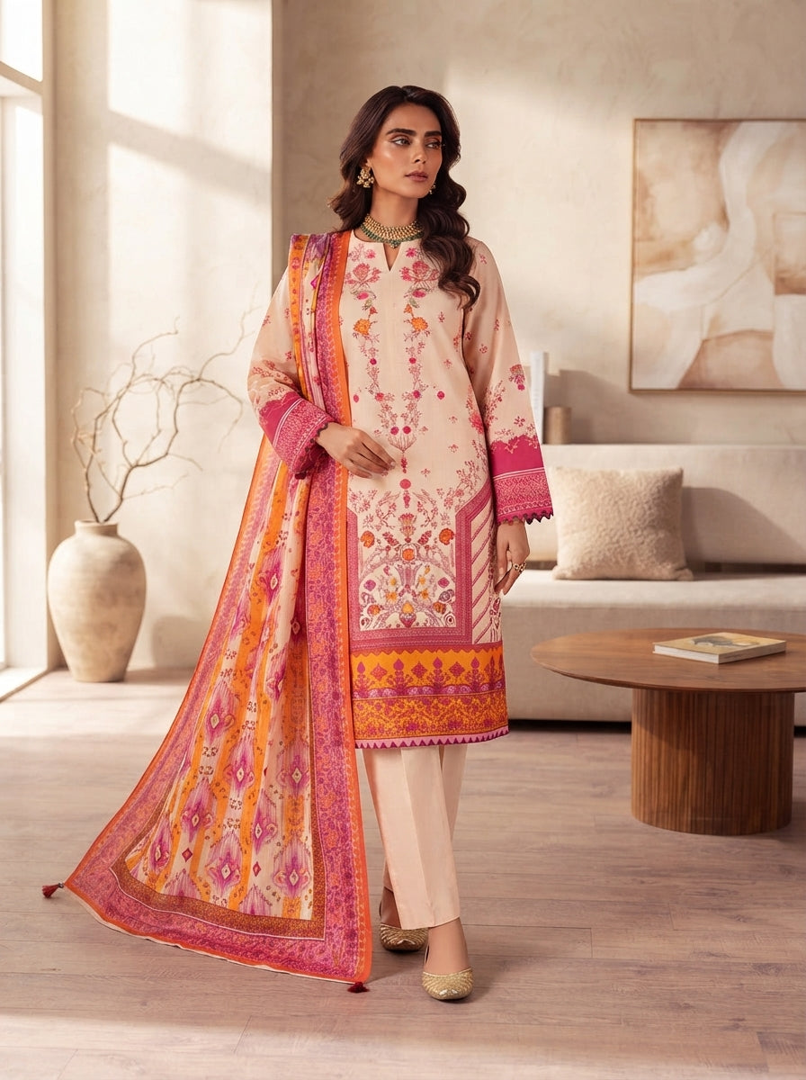 Bonanza Satrangi Unstitched 3-Piece Linen Dress – Sunset Orange & Peach Ikat