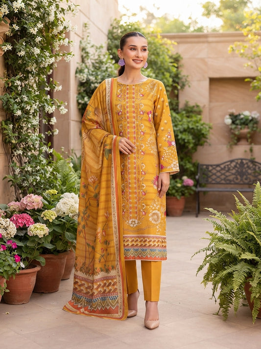 Bonanza Satrangi 3-Piece Unstitched Digital Linen Suit – Bright Amber & Tangerine Floral