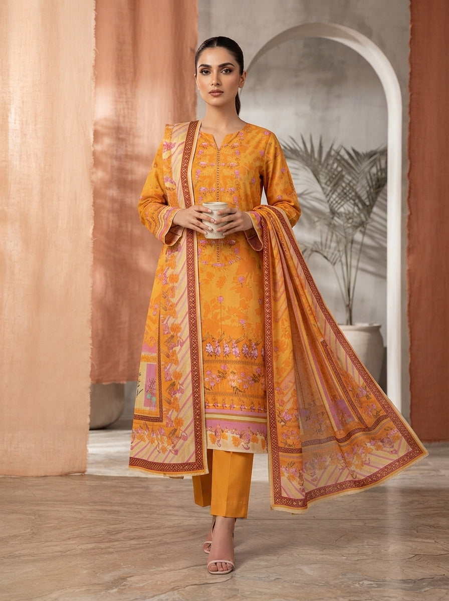 Bonanza Satrangi 3-Piece Unstitched Digital Linen Suit – Golden Mustard & Rust Floral