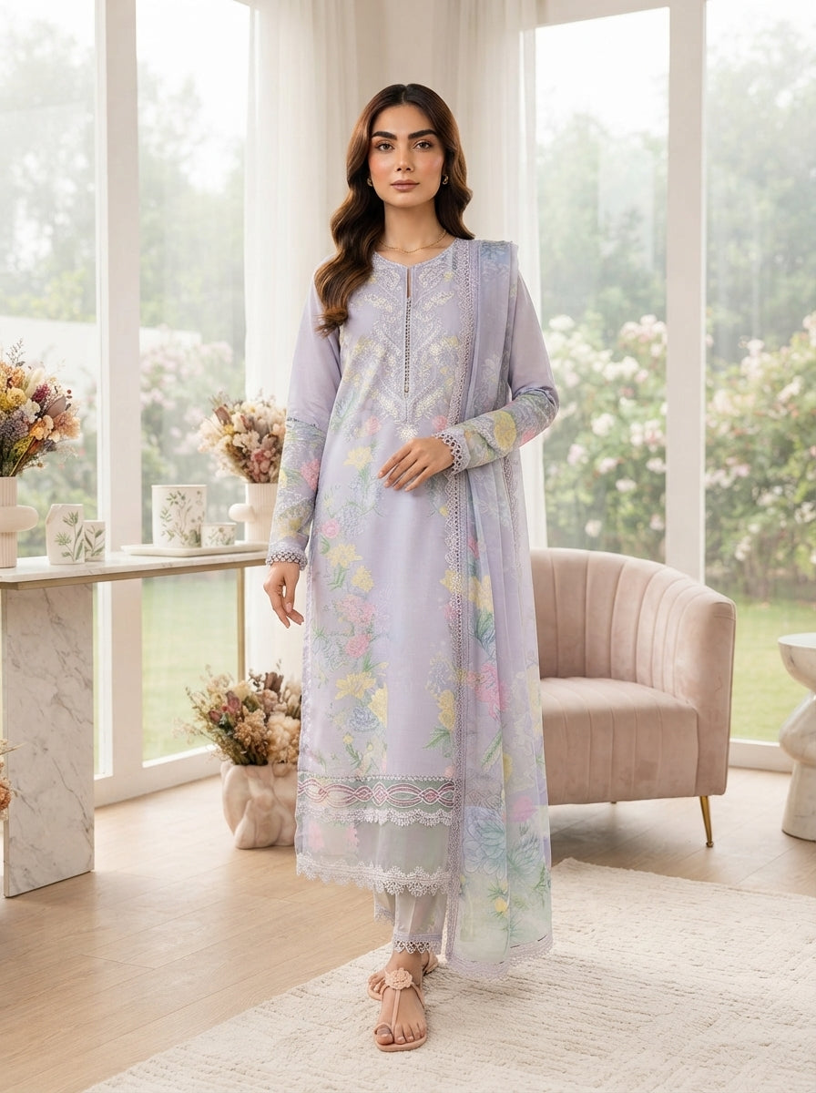 Maria.B Winter Lace D11B – Lavender Floral Digital Printed Linen Suit