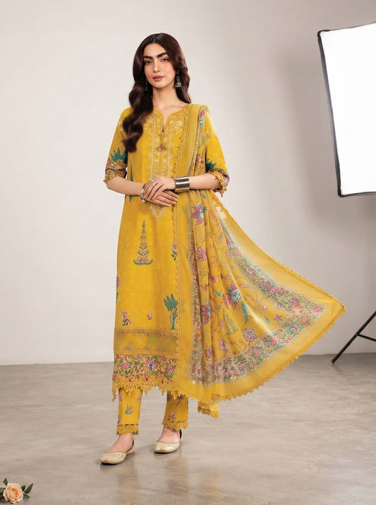 Maria.B Winter Lace D3A – Mustard Yellow Digital Printed Linen 3 Piece