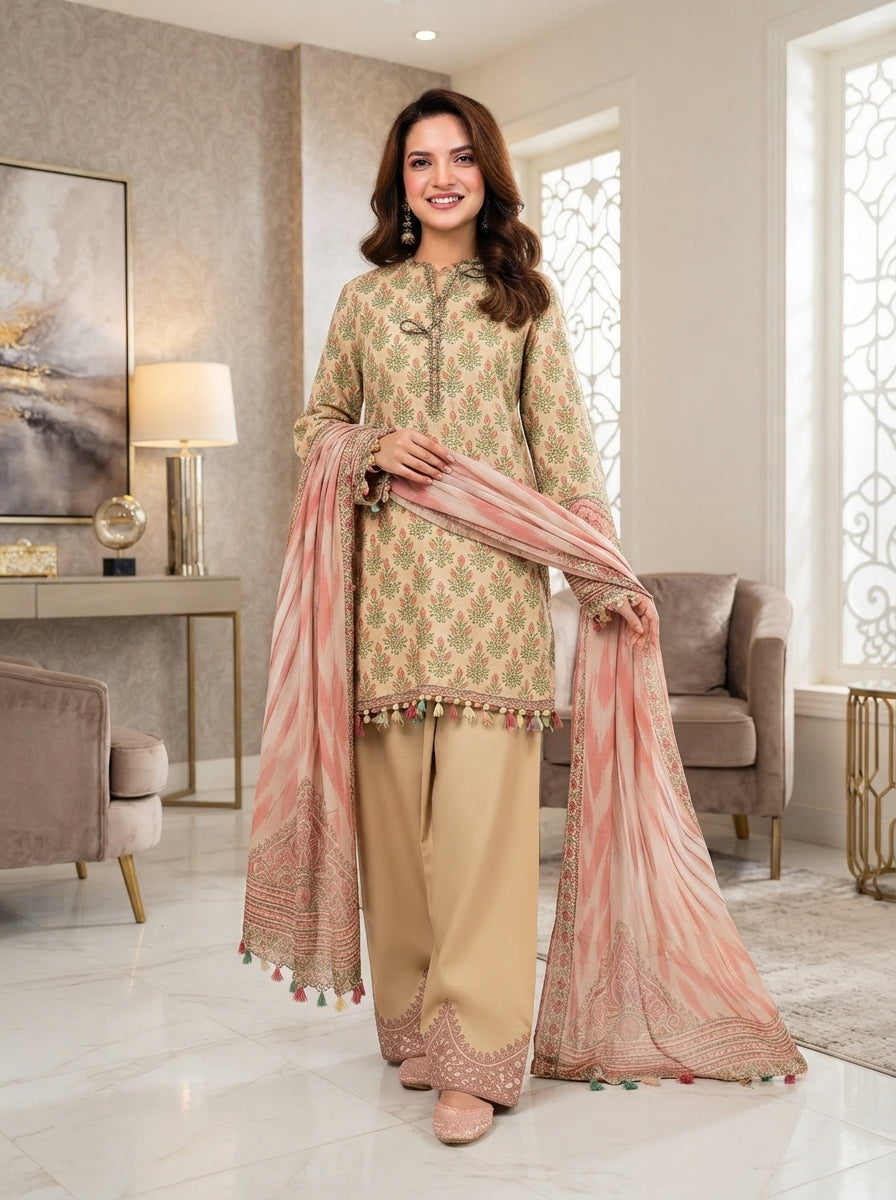 Maria.B Winter Lace D12A – Peach Floral Linen 3 Piece Winter Collection