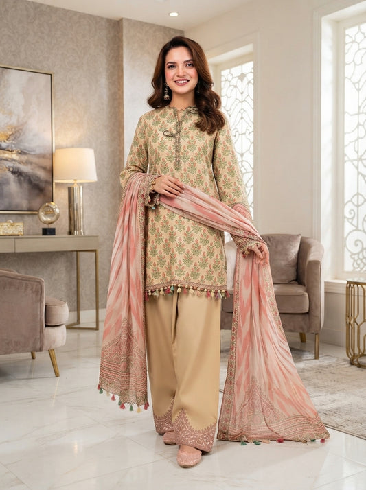 Maria.B Winter Lace D12A – Peach Floral Linen 3 Piece Winter Collection
