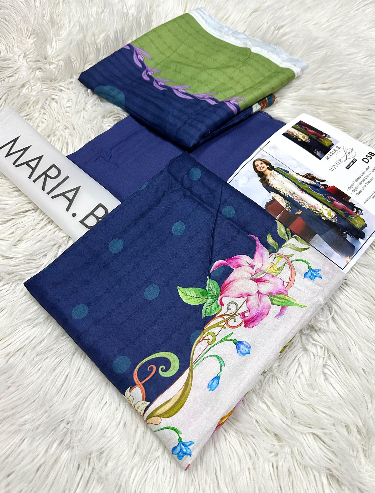Maria.B Winter Lace D5B – Teal Blue Floral Digital Printed Linen Suit