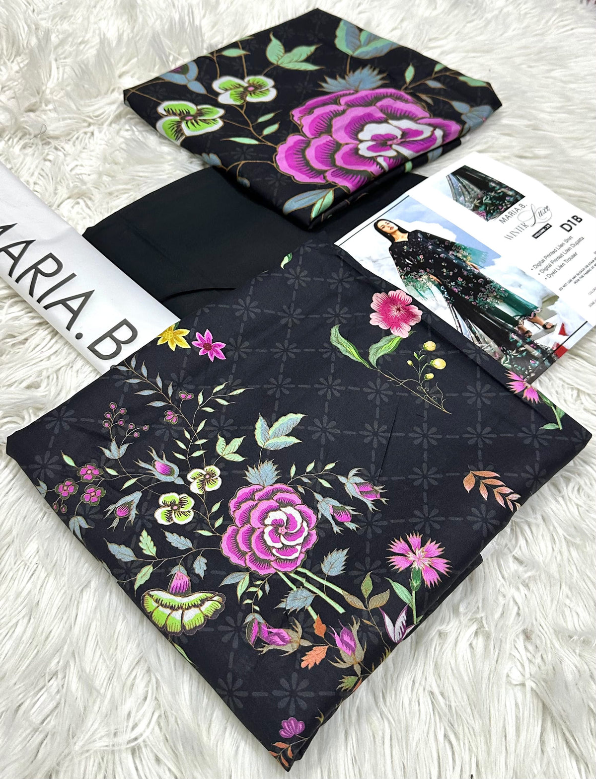 Maria.B Winter Lace D1B – Black & Green Floral Printed Linen 3 Piece