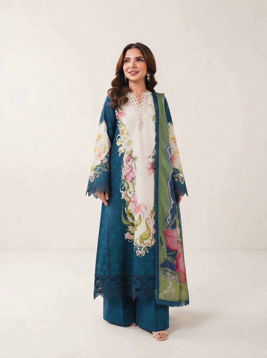 Maria.B Winter Lace D5B – Teal Blue Floral Digital Printed Linen Suit
