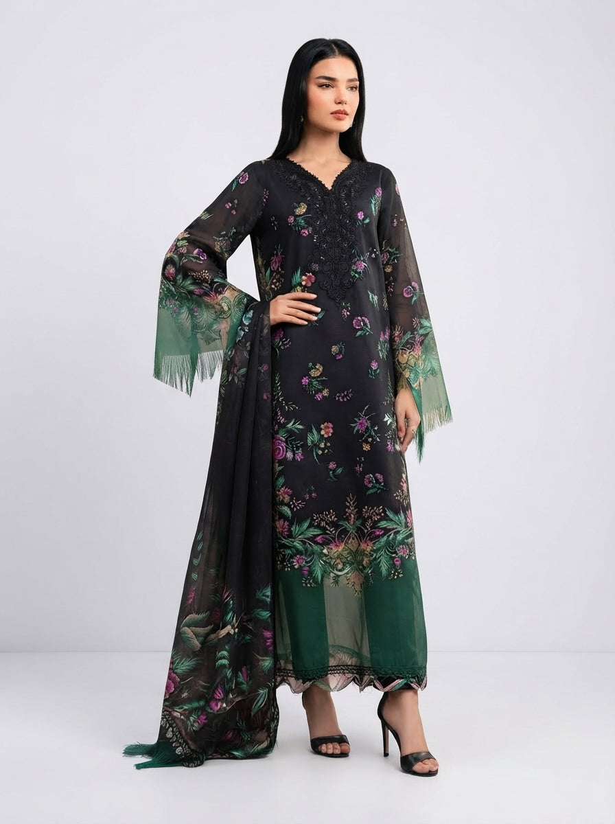 Maria.B Winter Lace D1B – Black & Green Floral Printed Linen 3 Piece