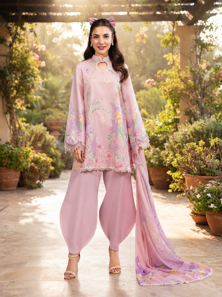 Maria.B Winter Lace D10B – Pink Digital Printed Linen 3 Piece Suit