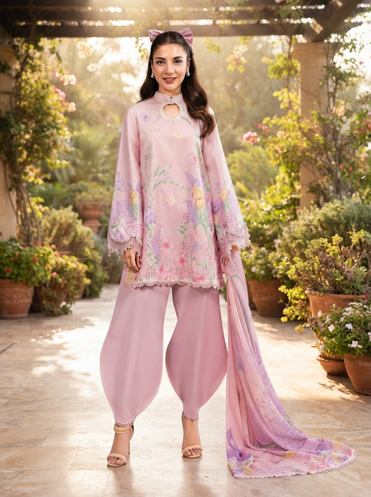 Maria.B Winter Lace D10B – Pink Digital Printed Linen 3 Piece Suit