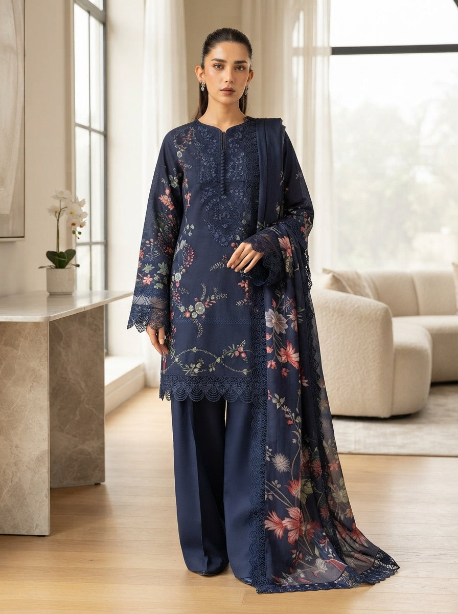 Maria.B Winter Lace D7B – Navy Blue Floral Digital Printed Linen 3 Piece