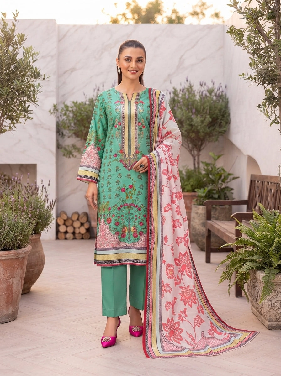 Bonanza Satrangi 3-Piece Unstitched Digital Print Linen Suit – Mint Green & Coral Pink Floral