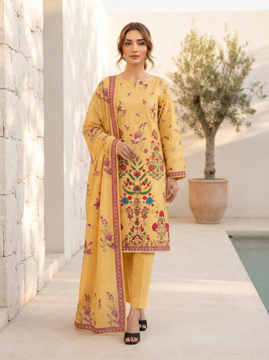 Bonanza Satrangi 3-Piece Unstitched Digital Linen Suit – Mustard Yellow Ethnic Fusion
