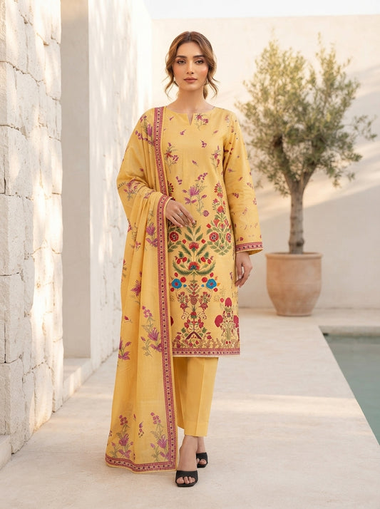 Bonanza Satrangi 3-Piece Unstitched Digital Linen Suit – Mustard Yellow Ethnic Fusion