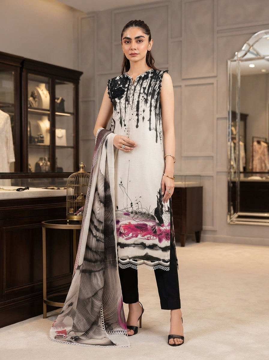 Maria.B Winter Lace D6B – Black & White Printed Linen 3 Piece Collection